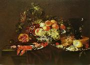 Joris van Son Crustaces  huitre et coupe de fruits avec un verre oil on canvas